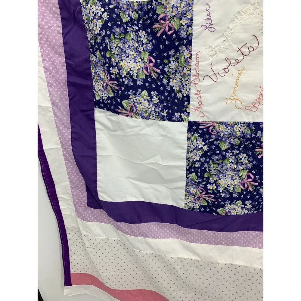 Handmade Embroidered Vintage Quilt Top Unfinished Floral Pink Purple 38
